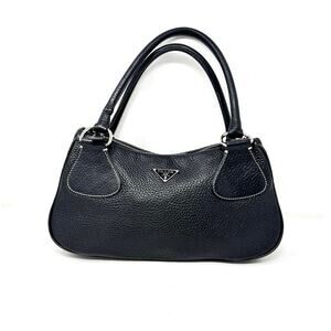 Prada Vitello Daino Black Pebbled Grained Leather Shoulder Bag with card